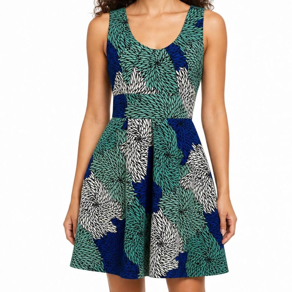 Plenty Tracy Reese Blue Green Floral Fit Flare Dress 6 Vacation Resort Tropical